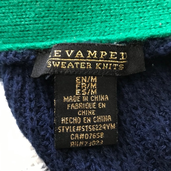 REVAMPED Sweater Knits Long Sleeve V-Patterned Cardigan M Green Navy Blue White - Picture 7 of 8